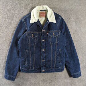 Levi’s Sherpa Denim Jacket Mens M Blue Faux Shearling Trucker Dark Wash Western